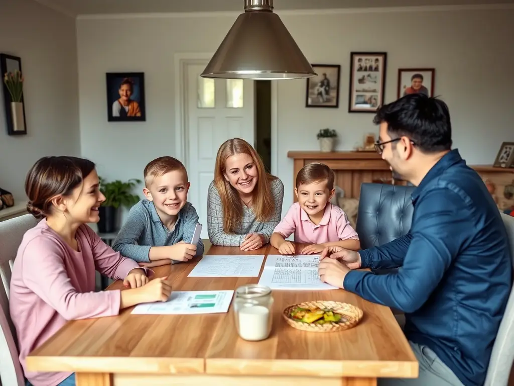 An image showing a happy family discussing their financial options with a laptop open on a table, symbolizing the ease and accessibility of GlobalLender's personal loan services.