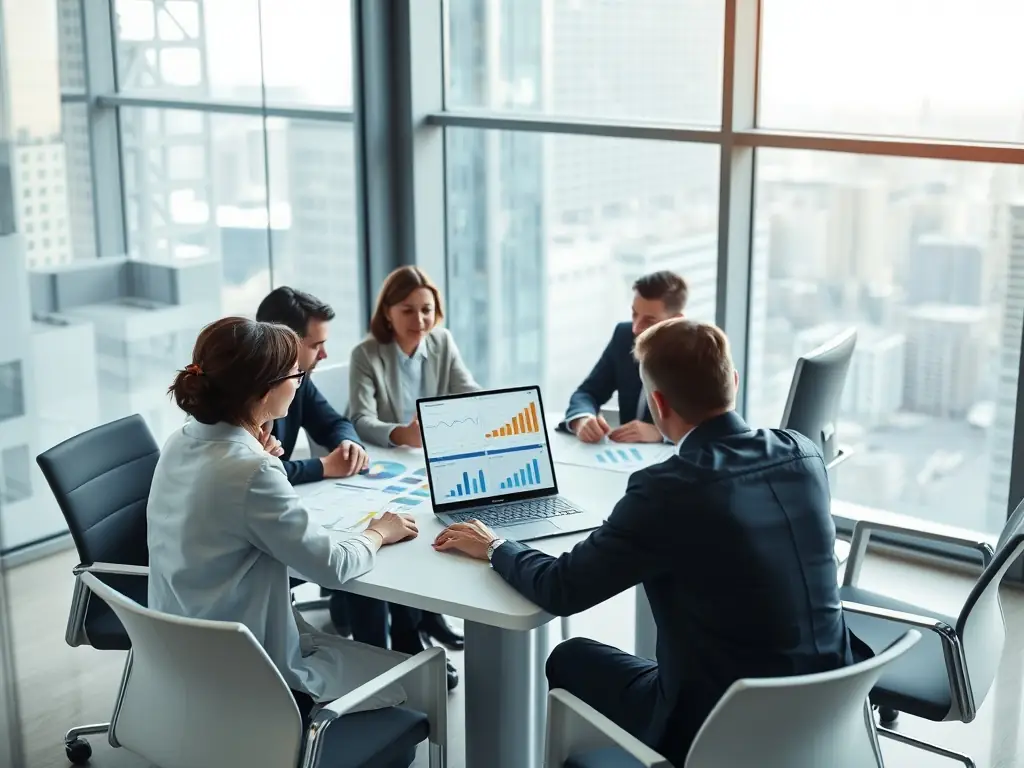 A group of professionals collaborating in a modern office, representing the business loan services offered by GlobalLender.